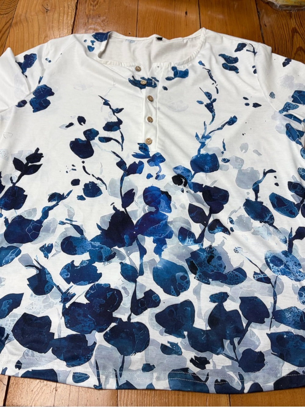 Women’s White Button-Down Shirt with Blue Floral Print